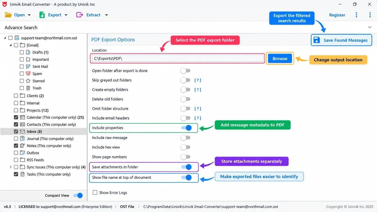Univik Email Converter PDF export options with include properties and save attachments in a folder switched on