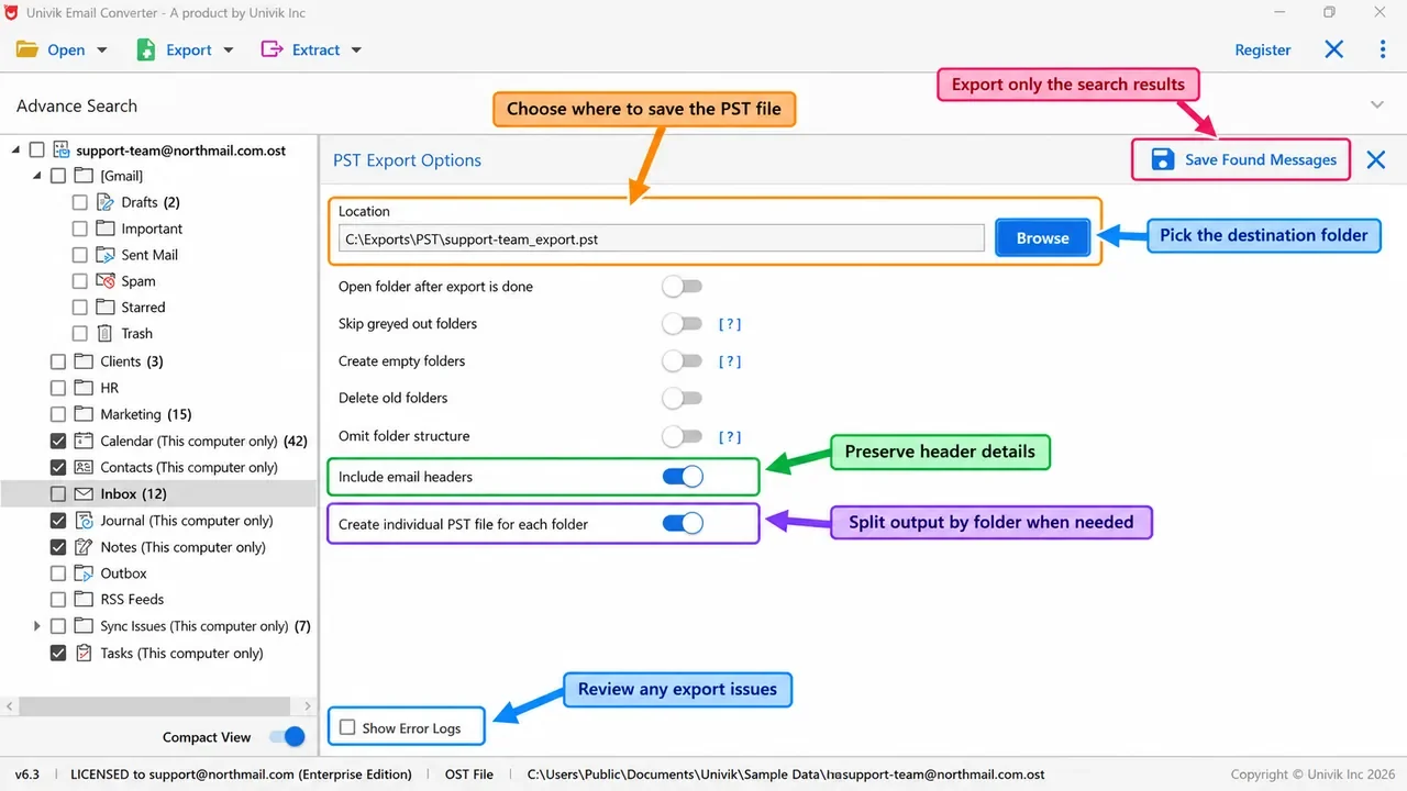 Univik Email Converter PST export options with include email headers and create one PST per folder switched on