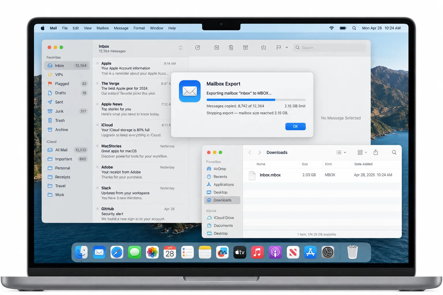 Apple Mail export stops near 2.15 GB, with the exported mailbox count lower than the original.