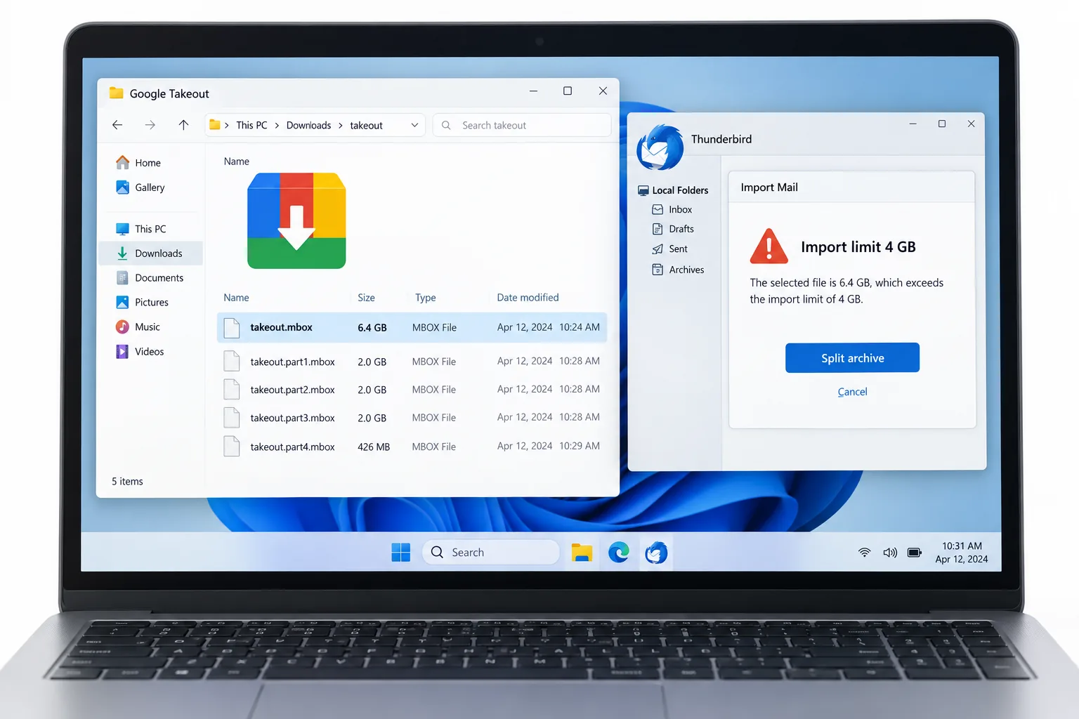A Google Takeout MBOX larger than a mail app's import limit, with smaller archive parts ready to split.