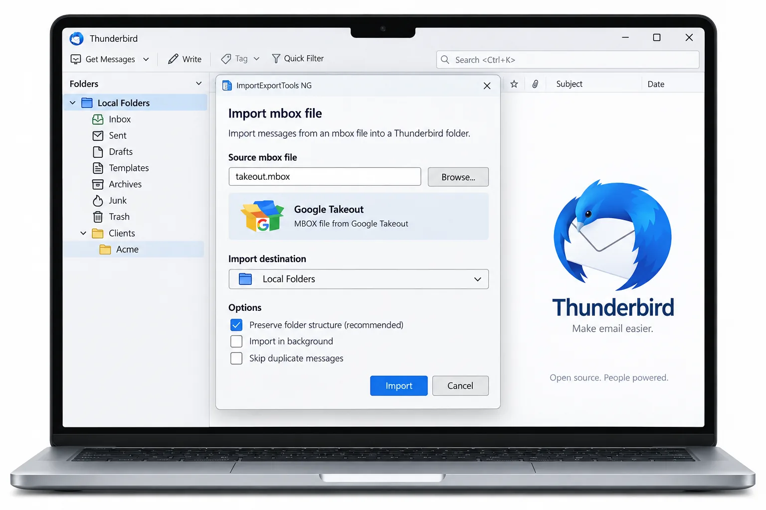 ImportExportTools NG dialog importing a Google Takeout MBOX into Thunderbird Local Folders, with the resulting mail folder visible.
