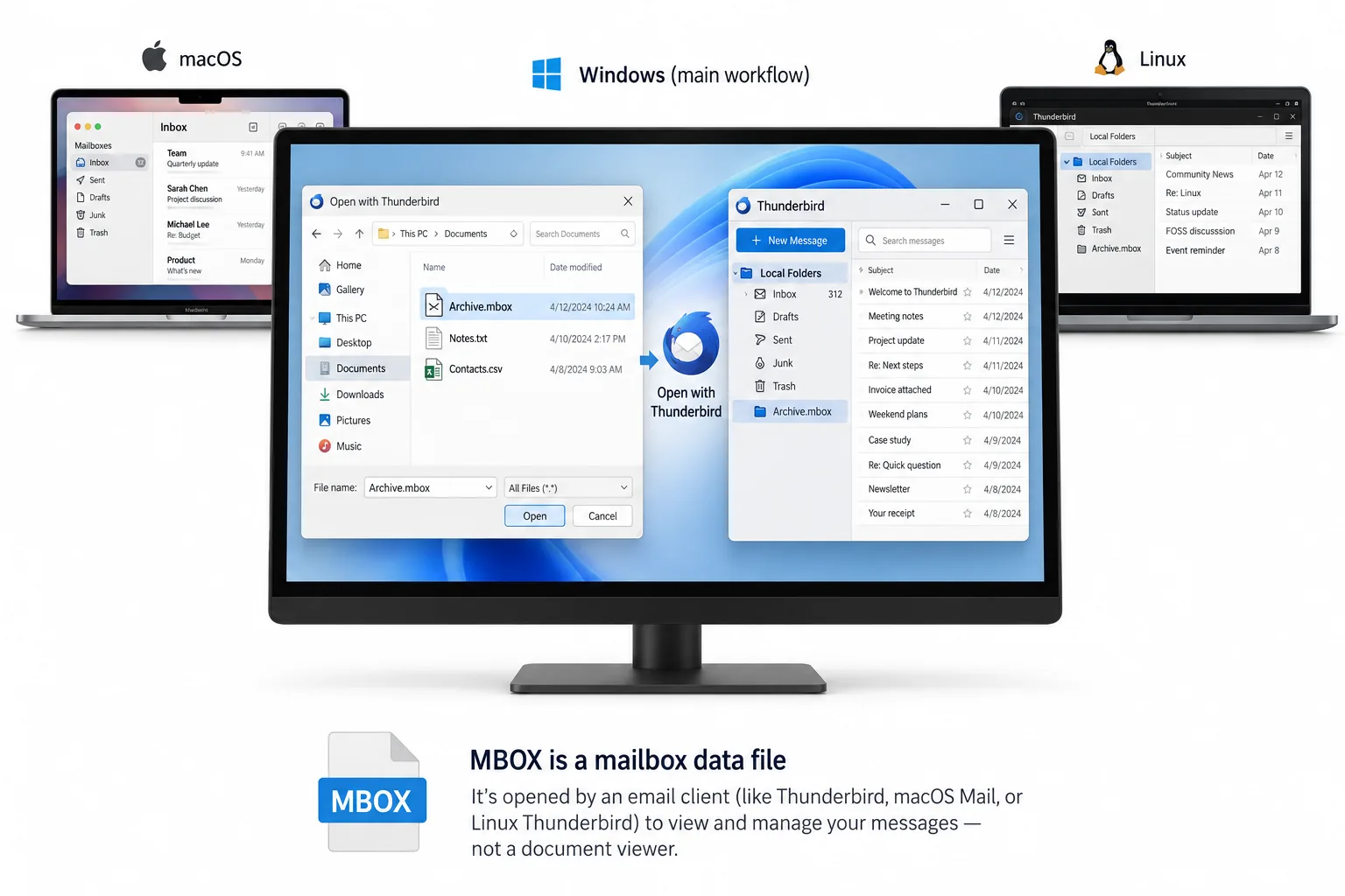 An MBOX archive opened in Thunderbird, with the same mailbox format shown on Windows, macOS and Linux.