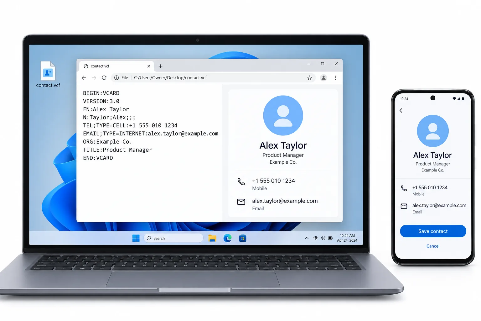 A contact.vcf file read as vCard text and previewed in a browser beside a phone contact card, before saving it.