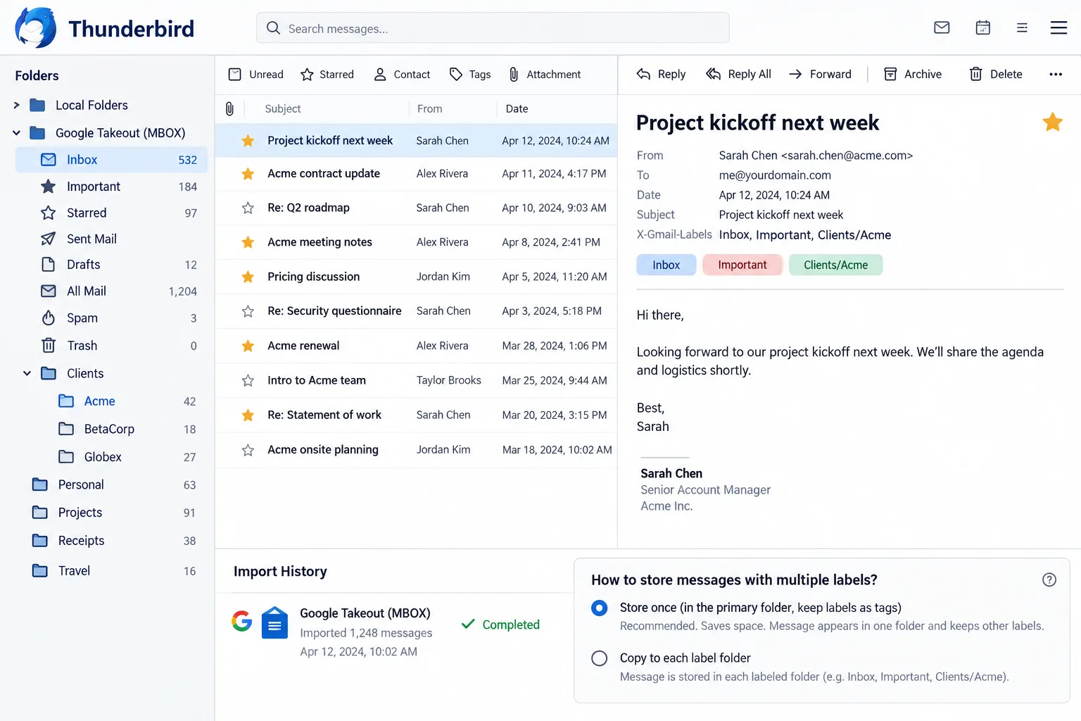 A Google Takeout message's X-Gmail-Labels header shown alongside the matching Inbox, Important and nested Clients/Acme folders.