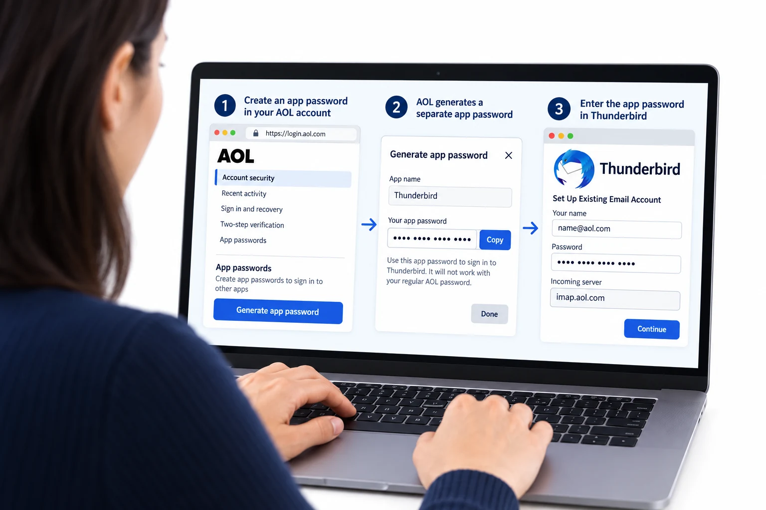 A user generating a separate AOL app password and entering it in Thunderbird’s mail account setup.