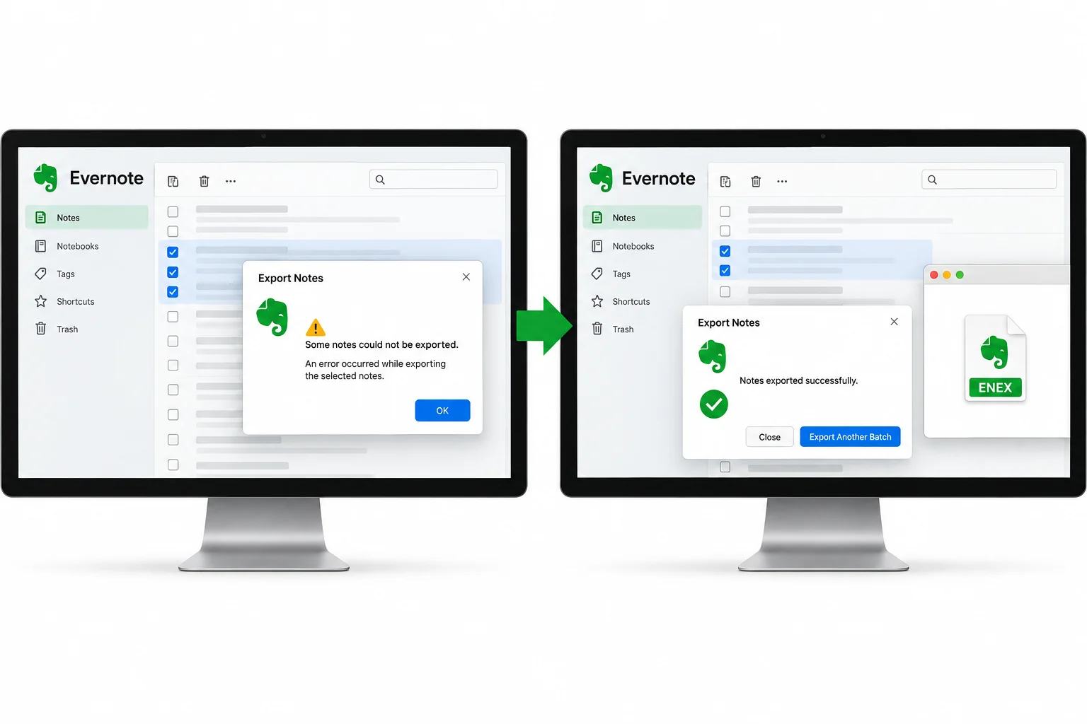 An Evernote export warning followed by a successful smaller export batch