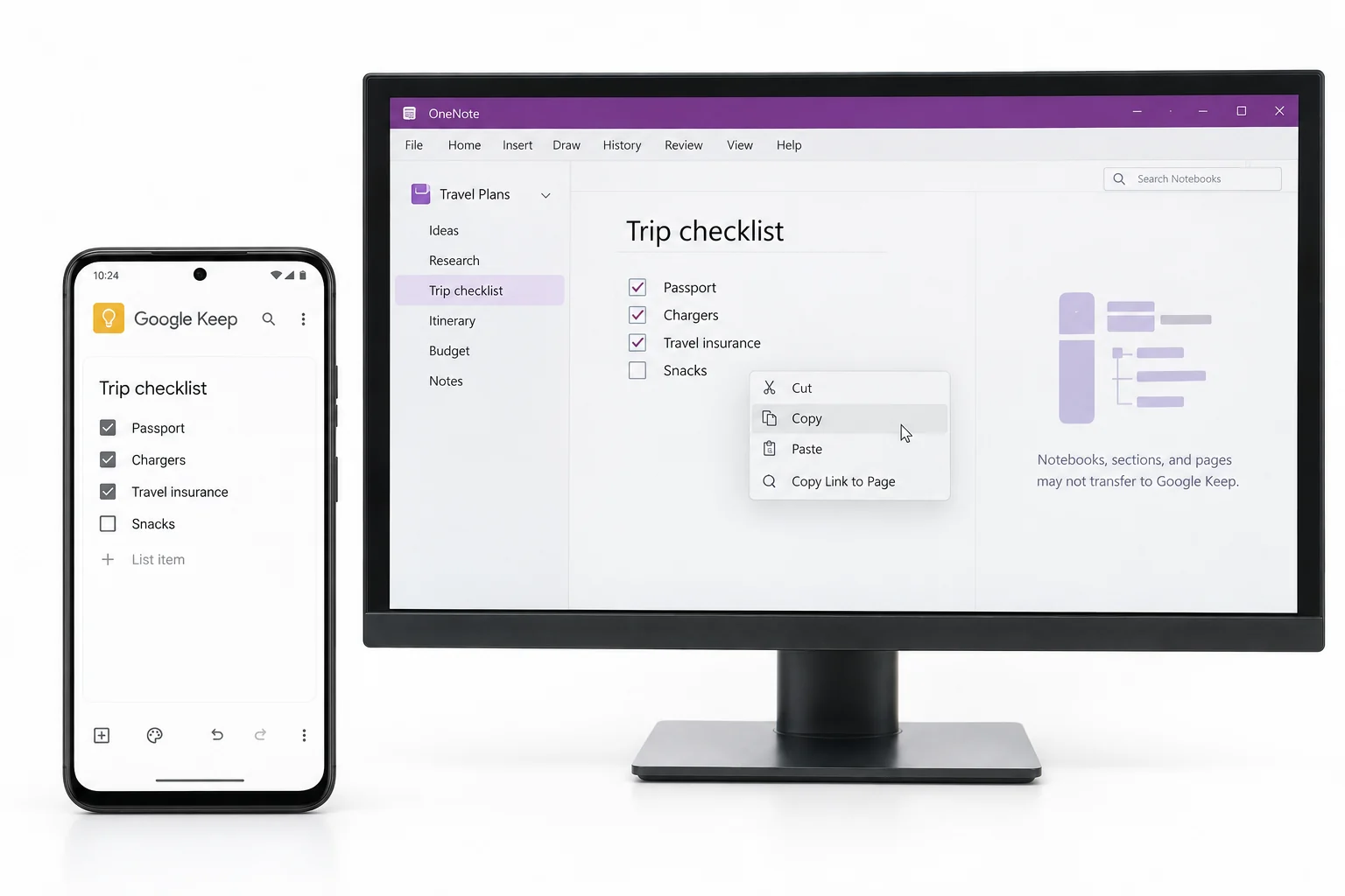 A short OneNote checklist copied into Google Keep