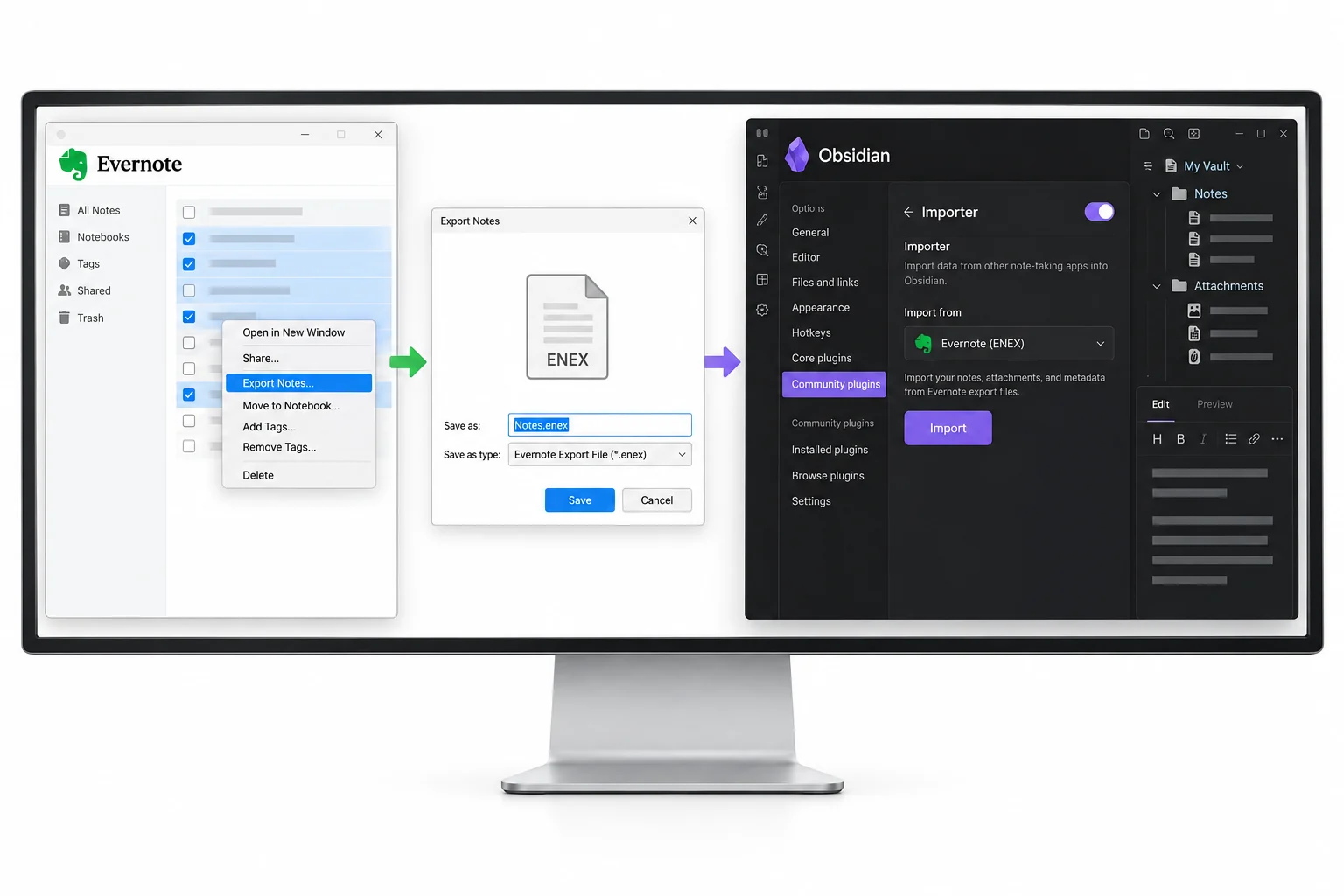 Evernote ENEX notes imported through Obsidian's Importer plugin into a vault