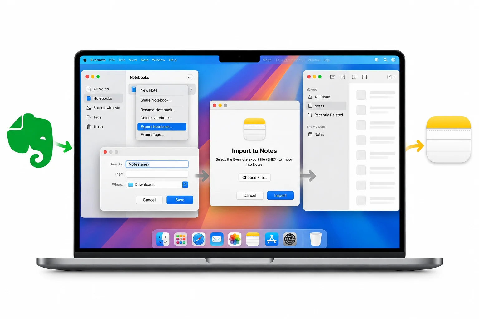 An Evernote ENEX notebook export selected in the Apple Notes import dialog
