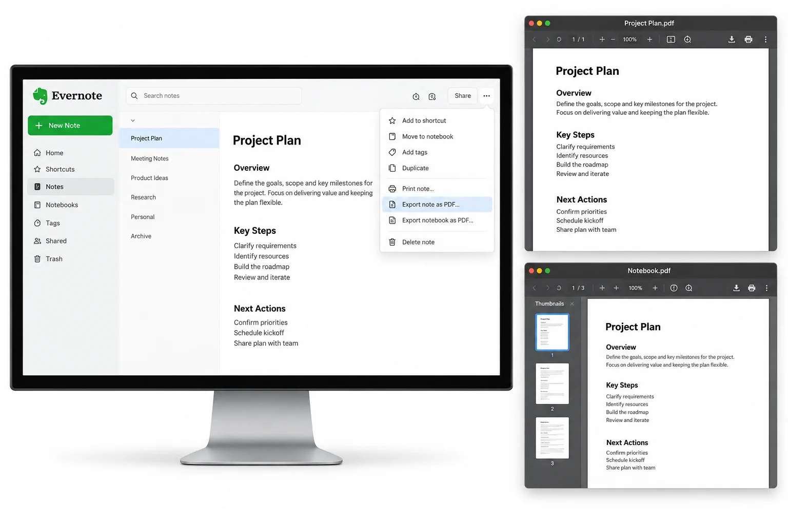 Evernote note and notebook export options beside single-page and multi-page PDF views
