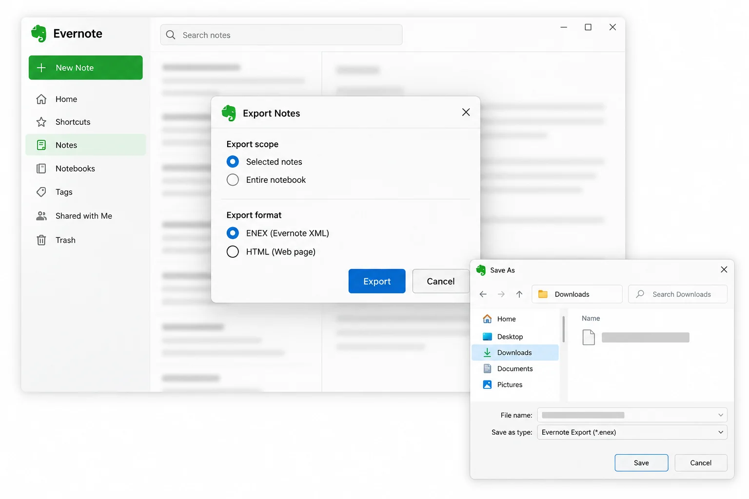 Evernote export options for selected notes or a full notebook in ENEX or HTML