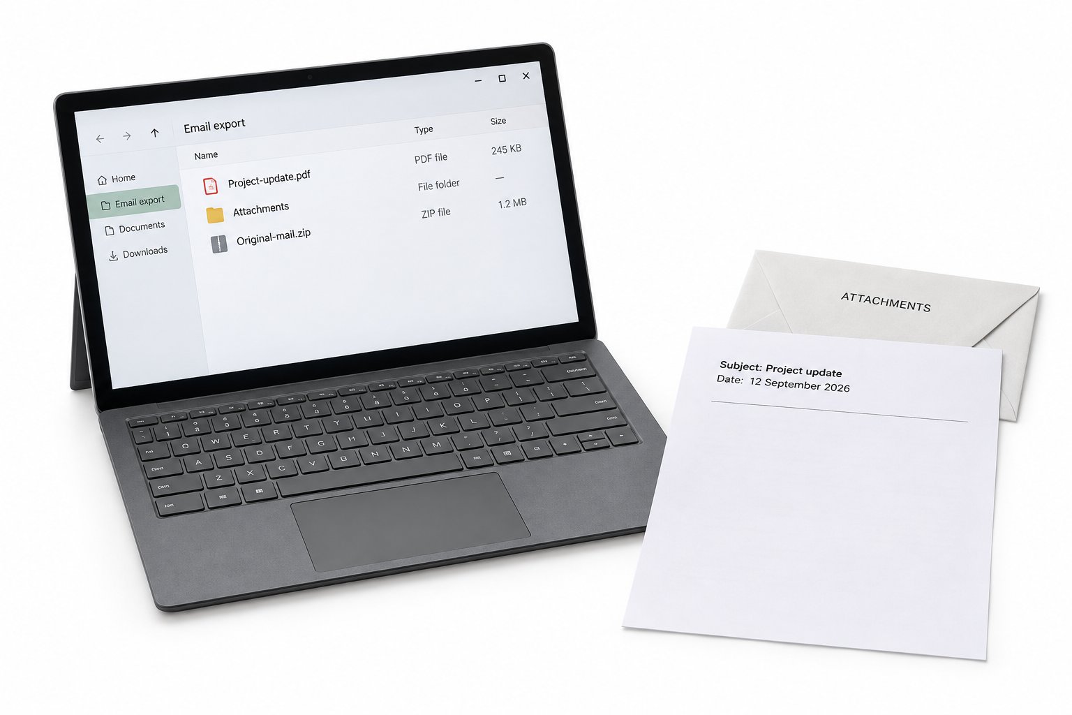 An exported email PDF, an Attachments folder and an original-mail archive beside a printed reading copy.