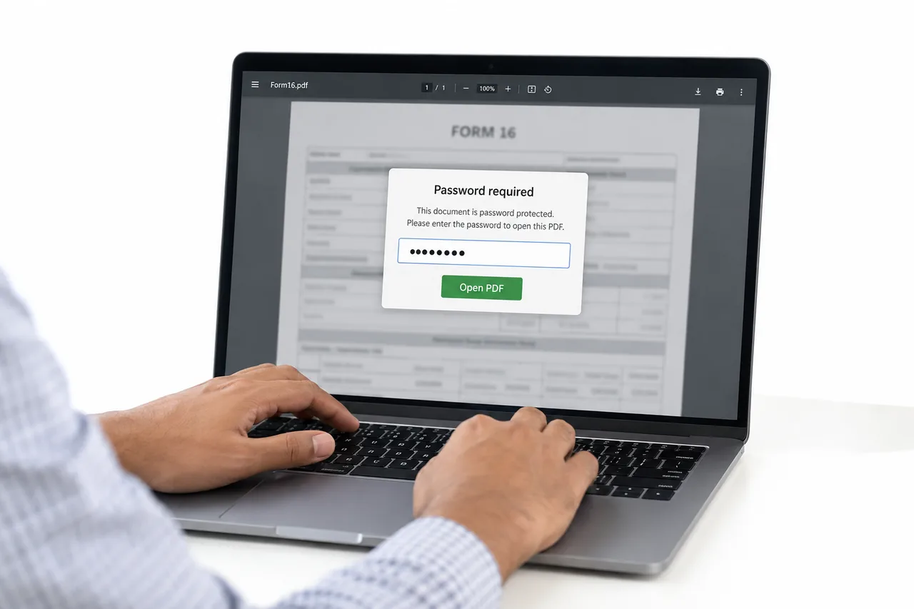 A person enters a password into a PDF prompt while a Form 16 certificate remains blurred behind it
