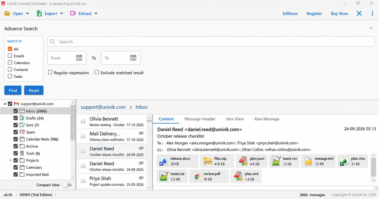 Foxmail Converter Advance Search panel with date range and regular expression