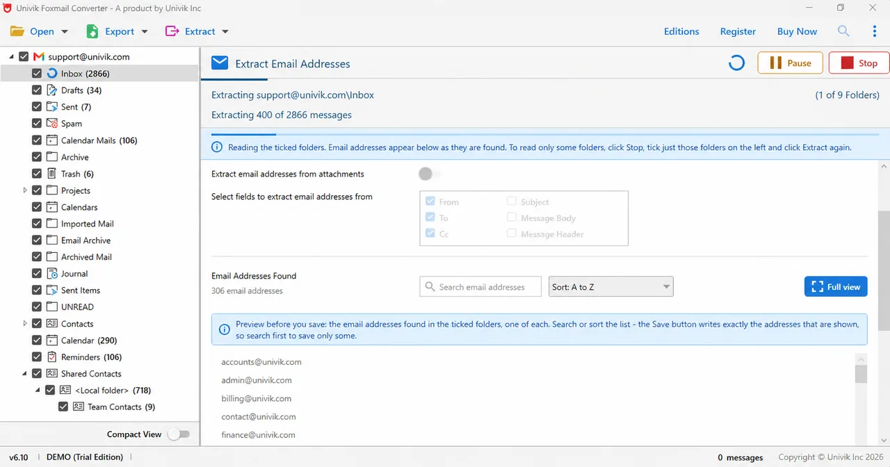 Foxmail Converter Extract Email Addresses with field choices and a found list