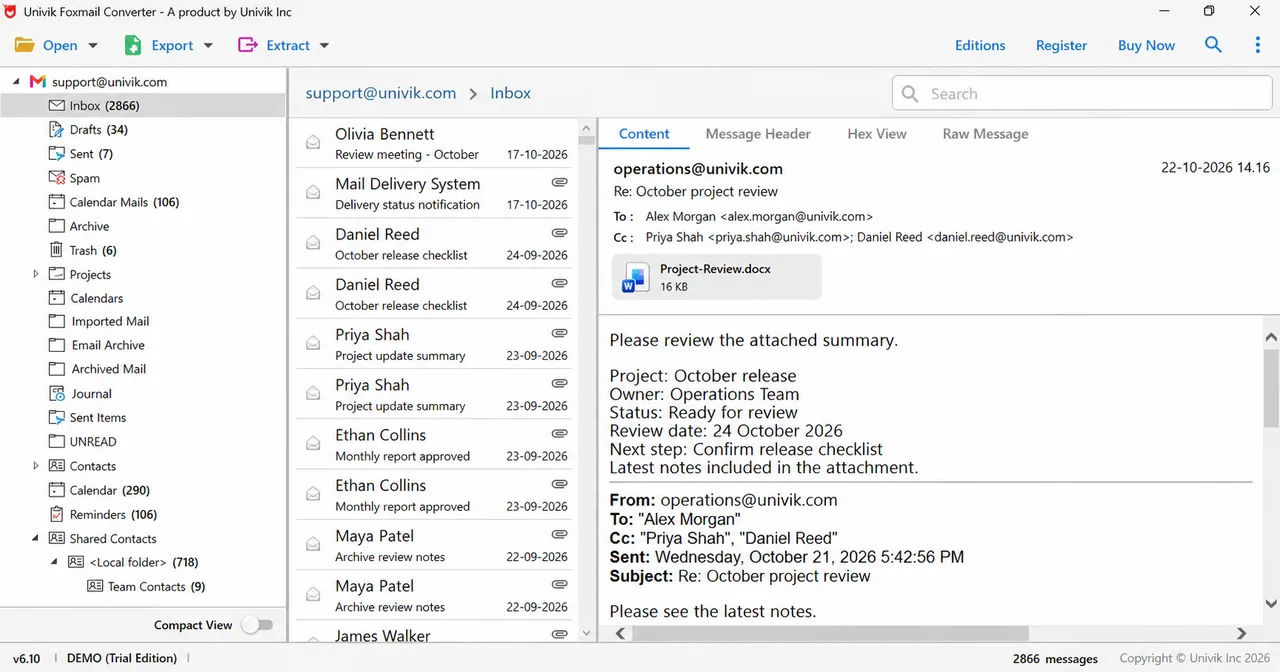 Foxmail Converter main window with account tree, message list and preview
