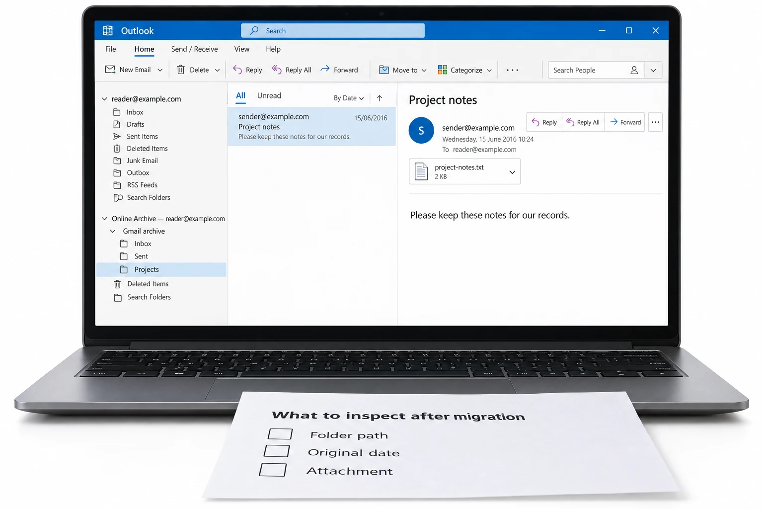 Outlook Online Archive with Gmail archive folders and an older message attachment.