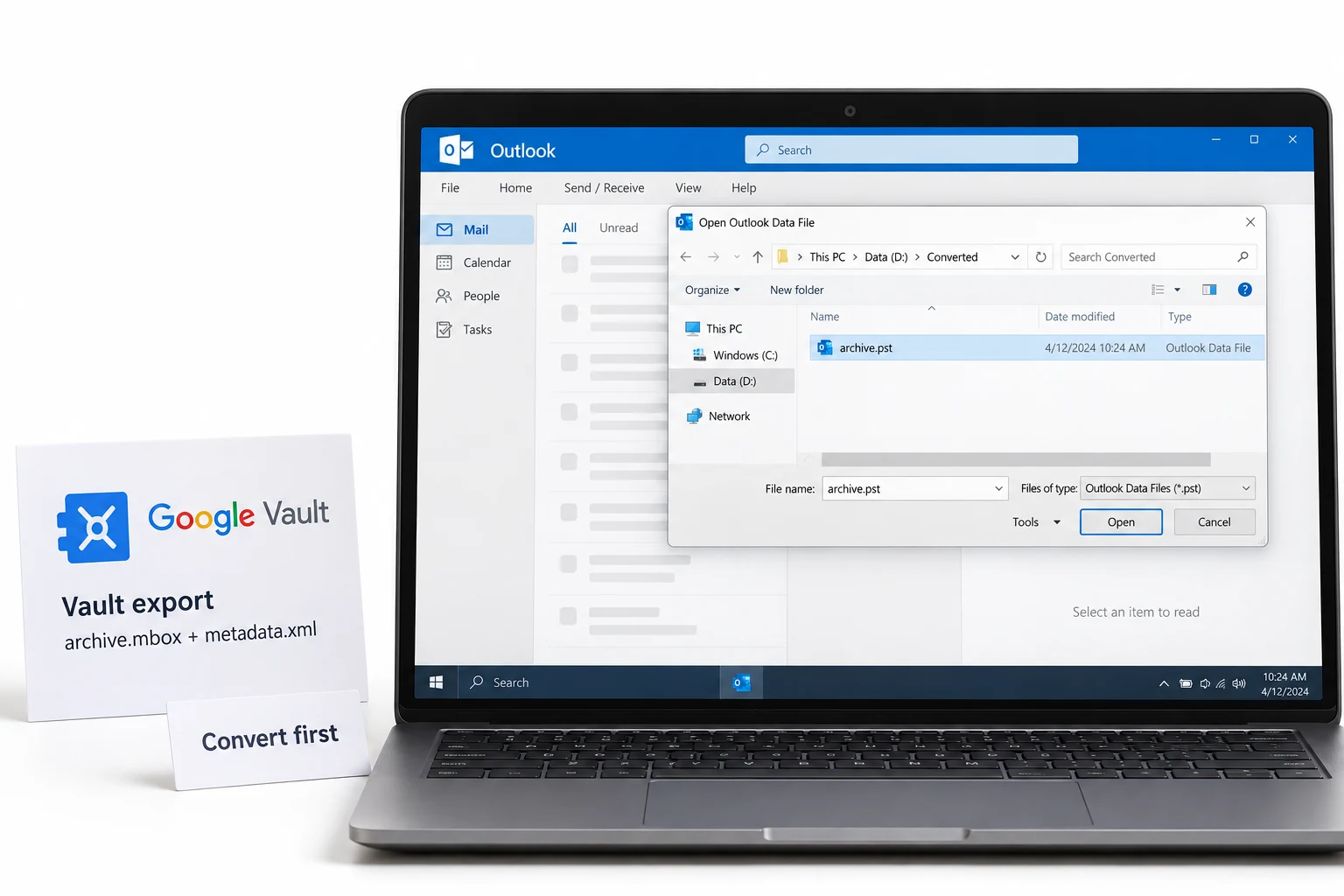 Classic Outlook file picker selecting archive.pst after a Vault MBOX conversion.