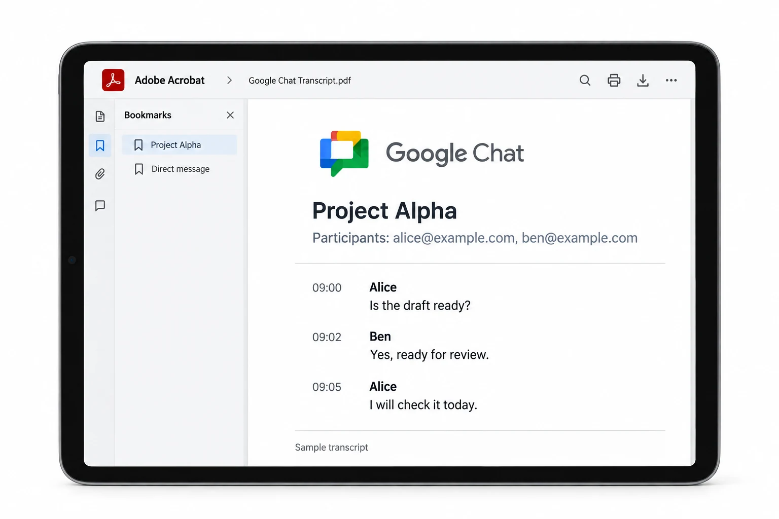 Sample Google Chat PDF transcript with a room name, participants and chronological messages.