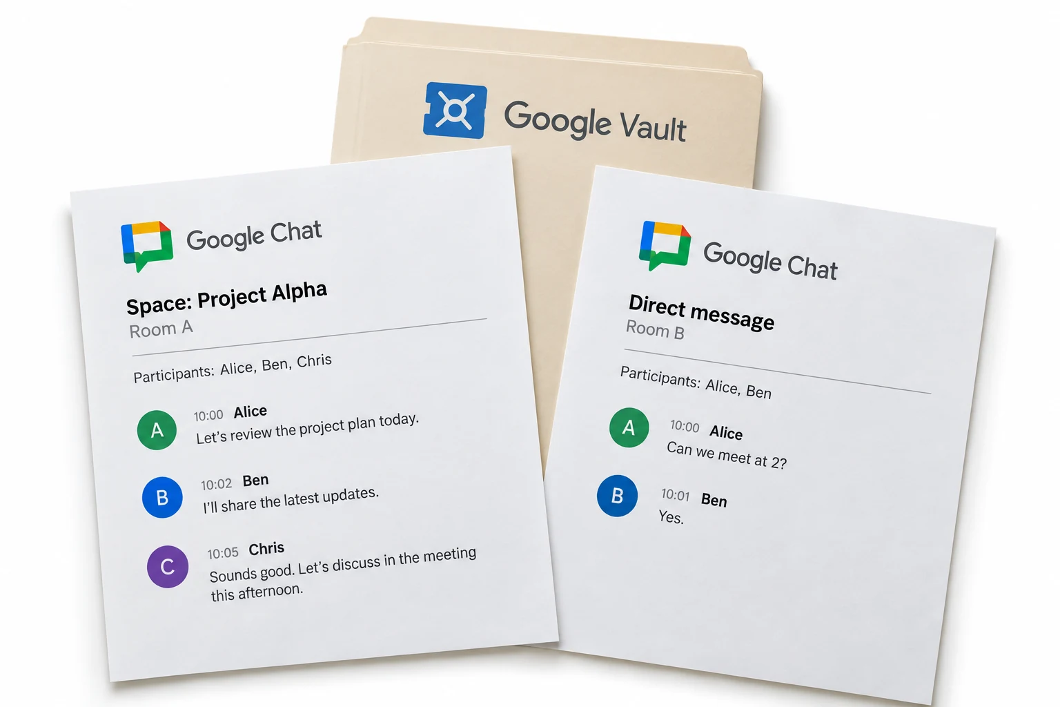 Google Chat space transcript and direct message transcript kept separate.