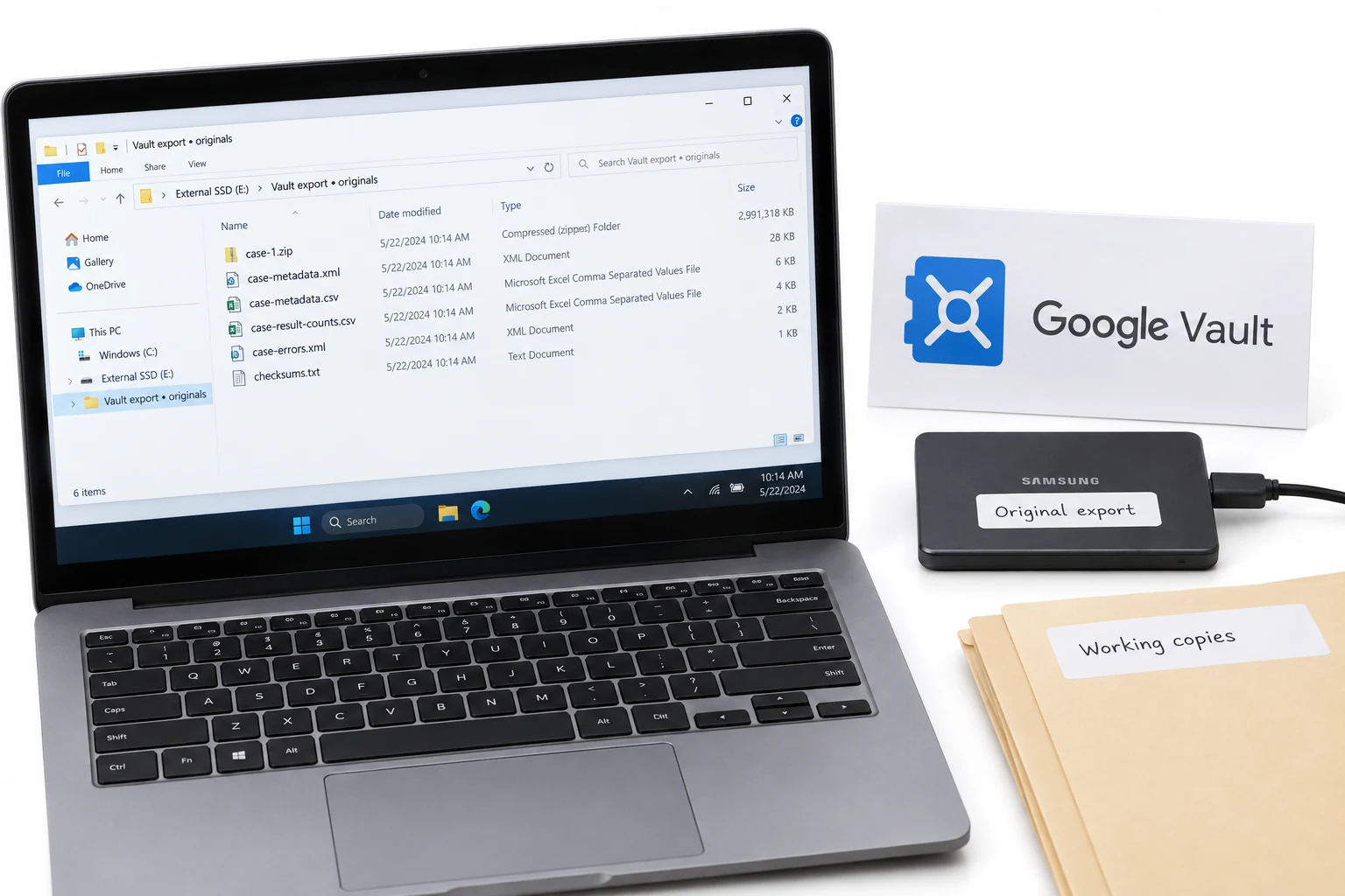 Original Google Vault export files preserved together beside a separate working-copy folder.