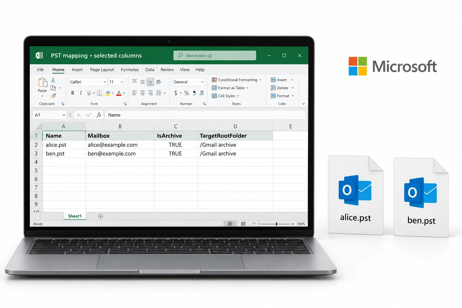 Selected Microsoft 365 PST mapping columns shown in Excel for two sample accounts.