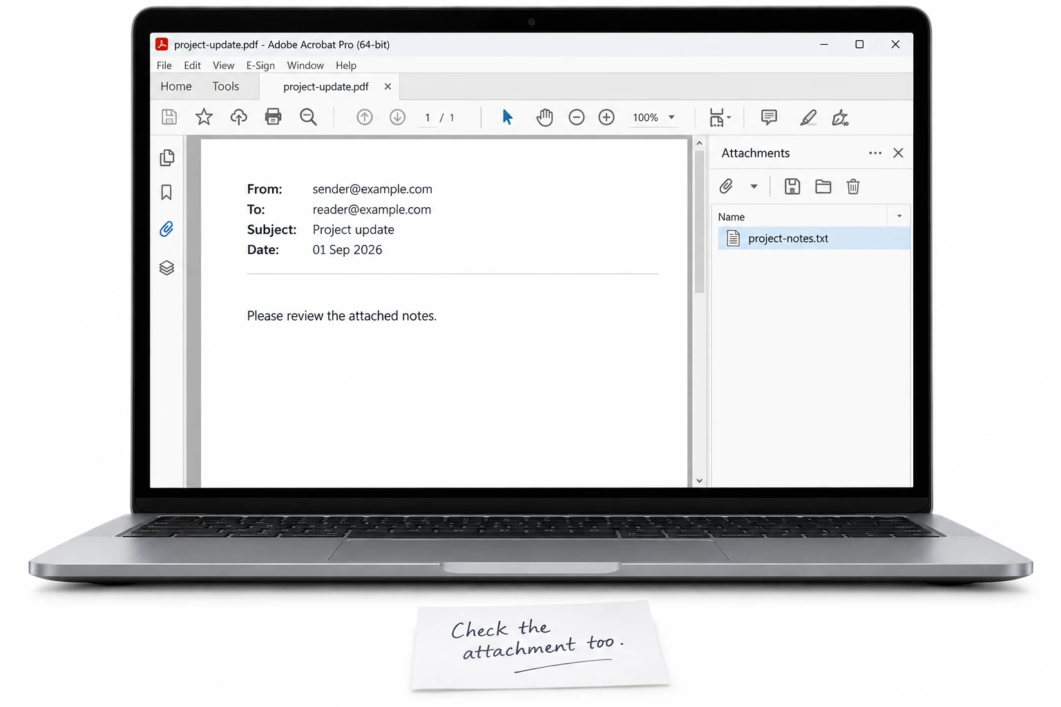 Email headers and body in Acrobat with project-notes.txt visible in Attachments.