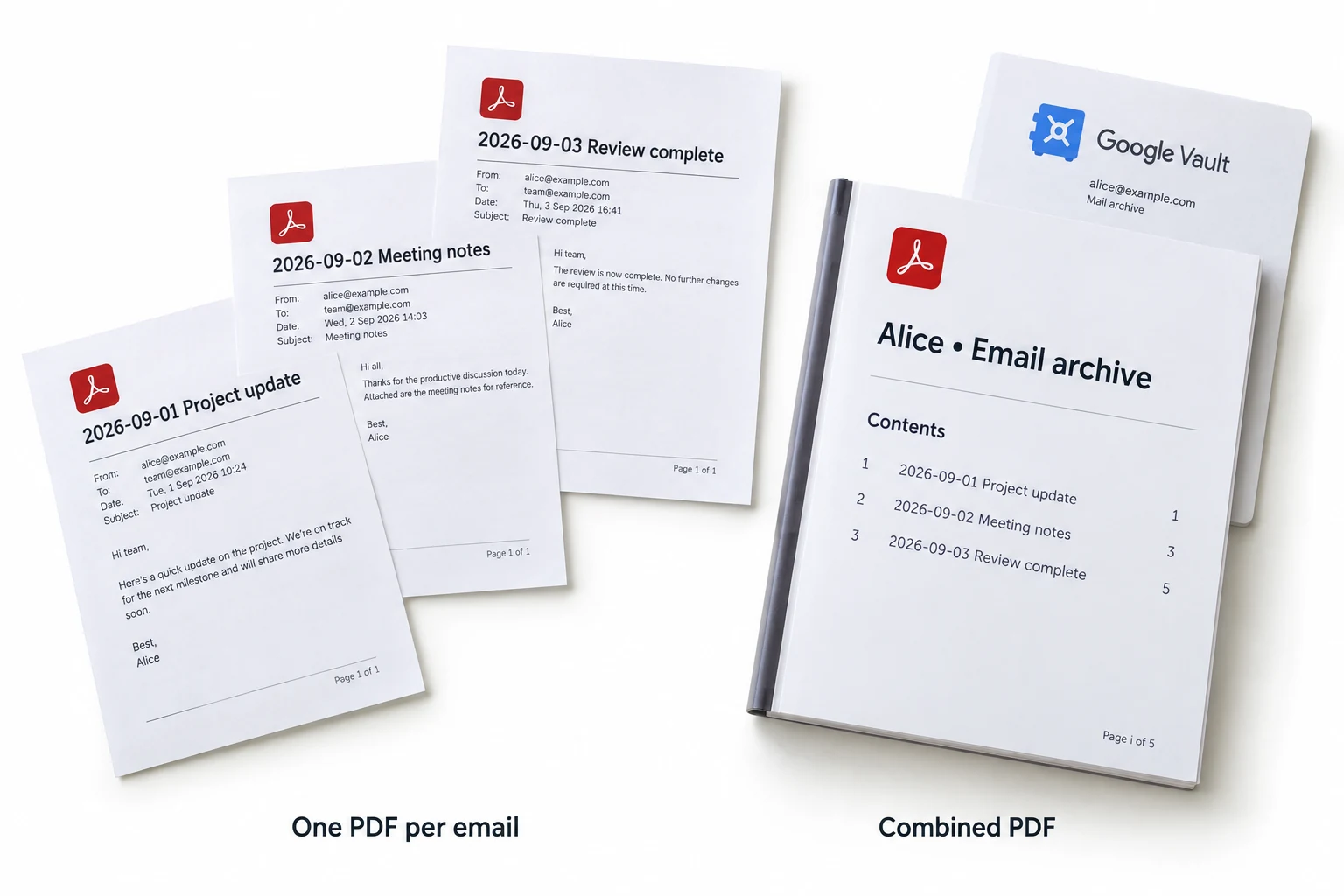Separate email PDF documents compared with a combined archive PDF.