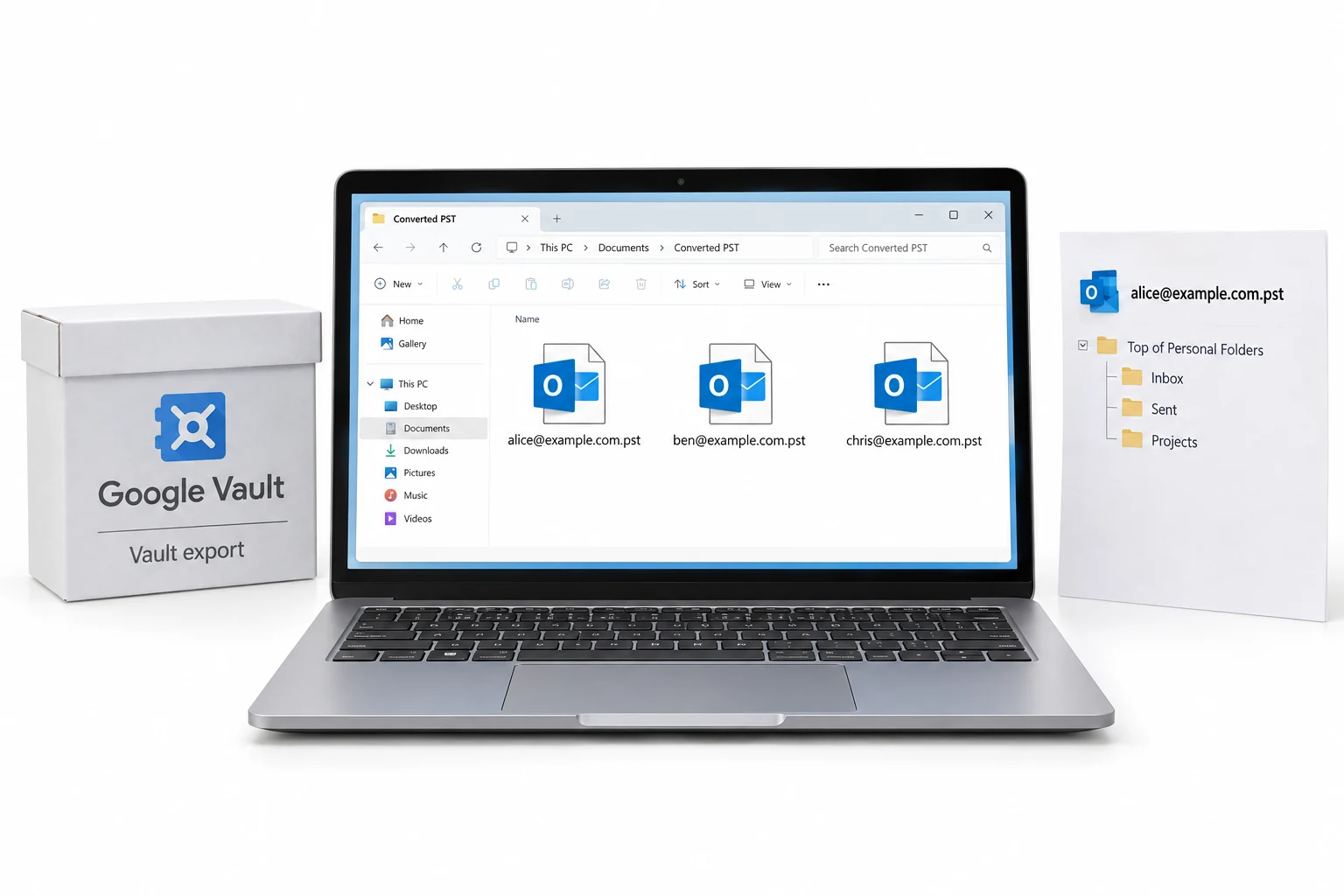 Separate PST files for three sample accounts beside an Outlook folder tree.