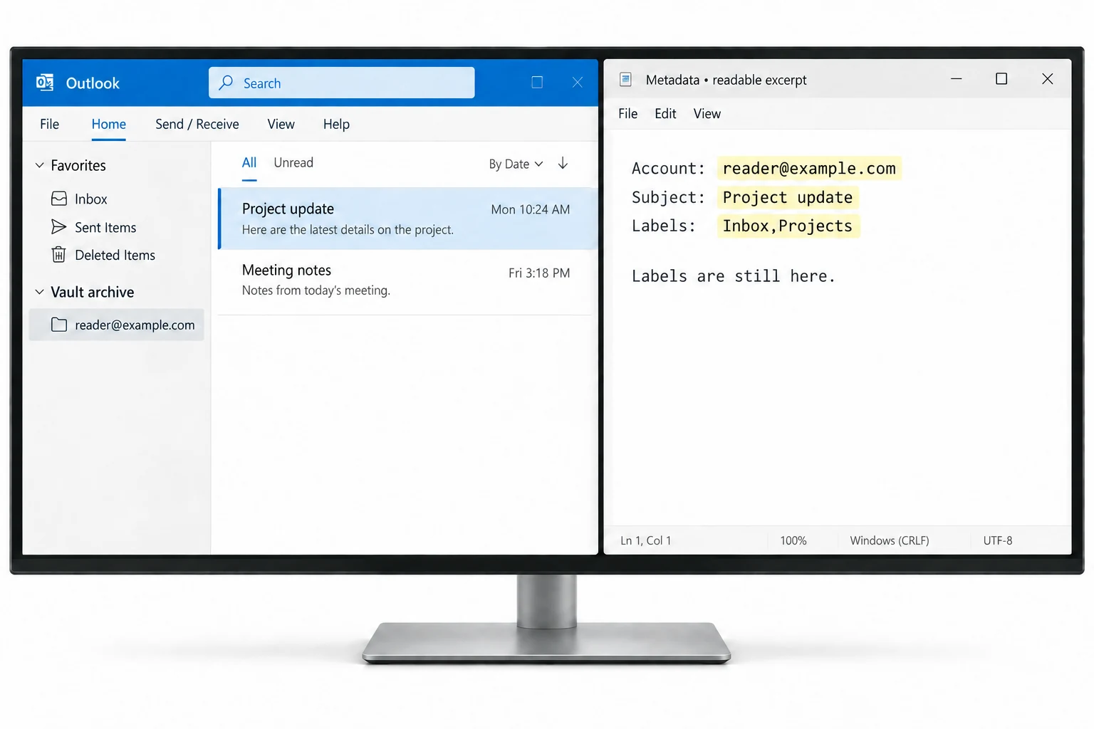Single-folder Vault archive in Outlook beside the message label metadata.