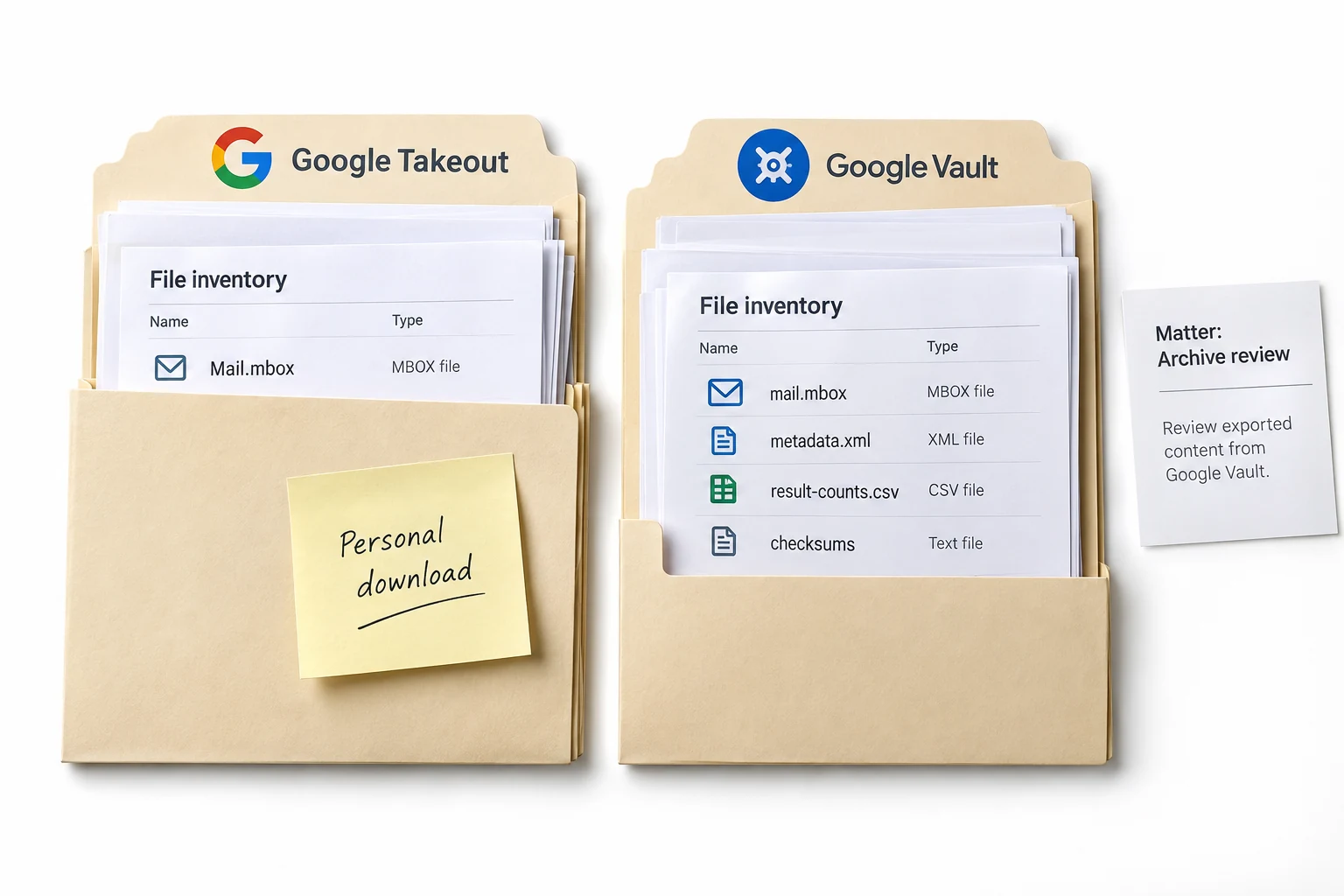 Google Takeout personal download compared with a Google Vault export package.