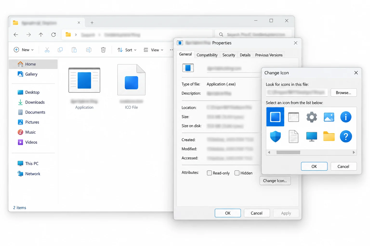 A Windows application Properties dialog with the Change Icon picker open