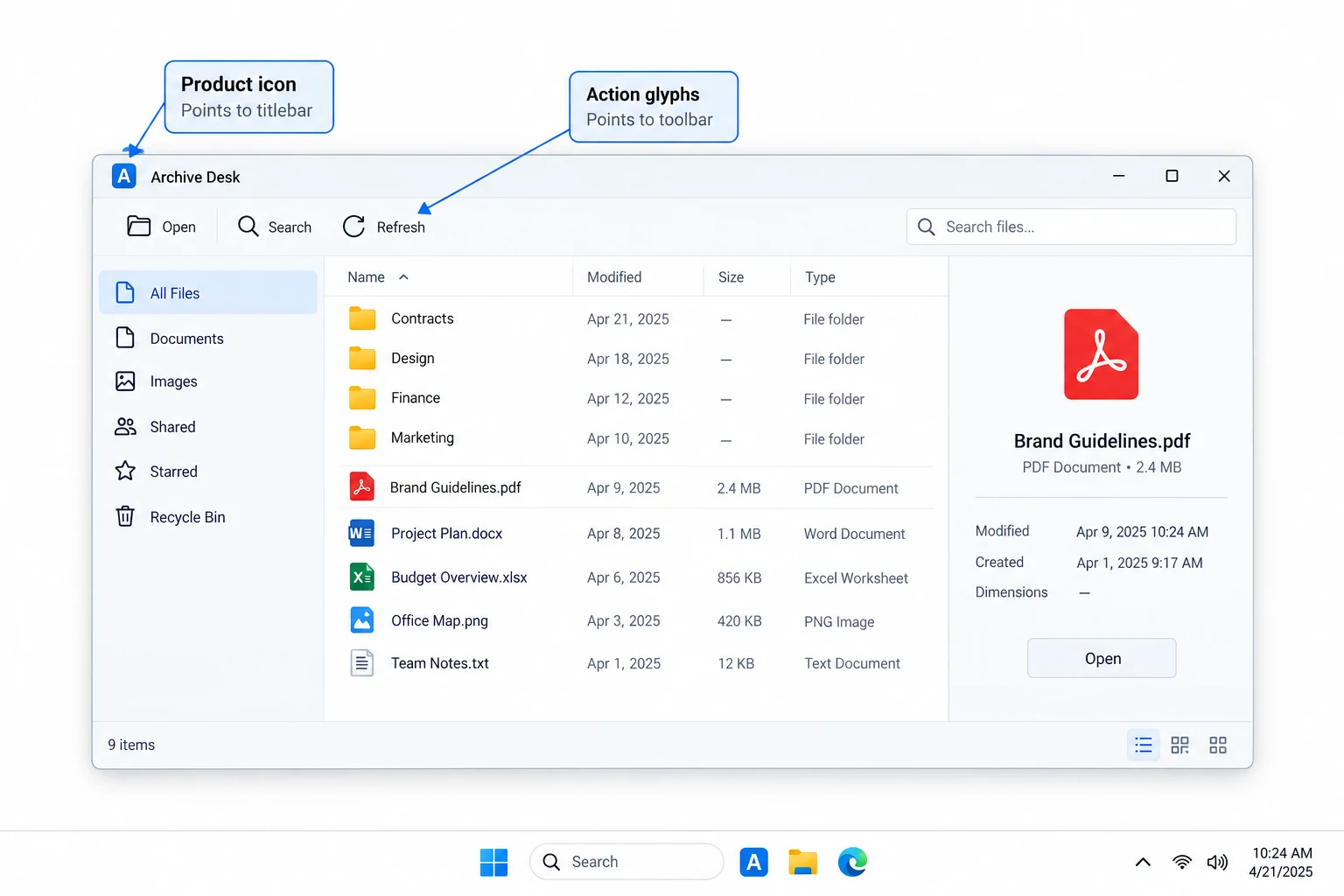 The application icon identifies the product; toolbar glyphs explain individual actions.