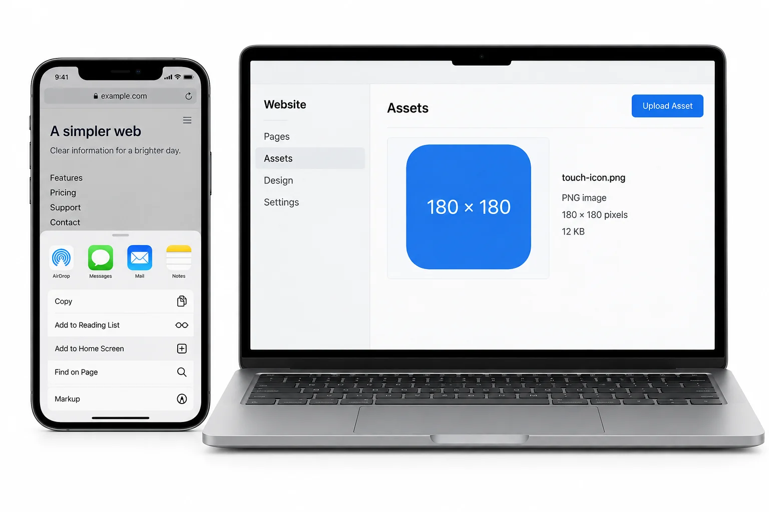 An iPhone adding a website to the Home Screen with its touch icon asset shown on a laptop