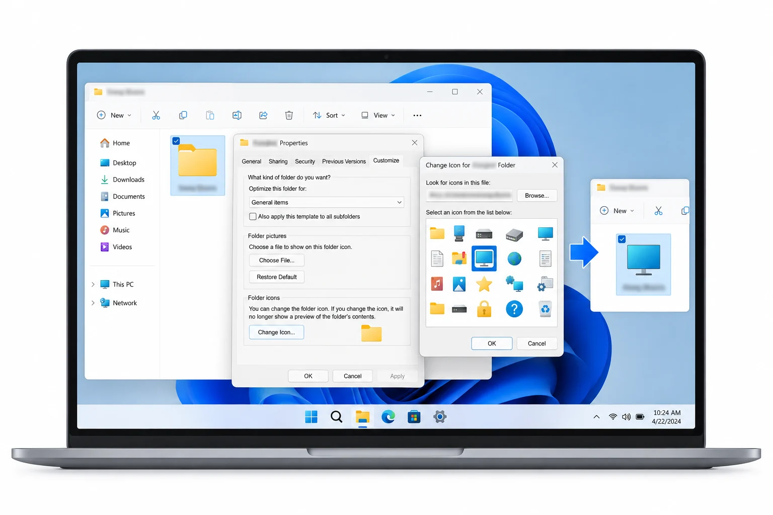 Windows 11 folder Properties with the Customize and Change Icon controls