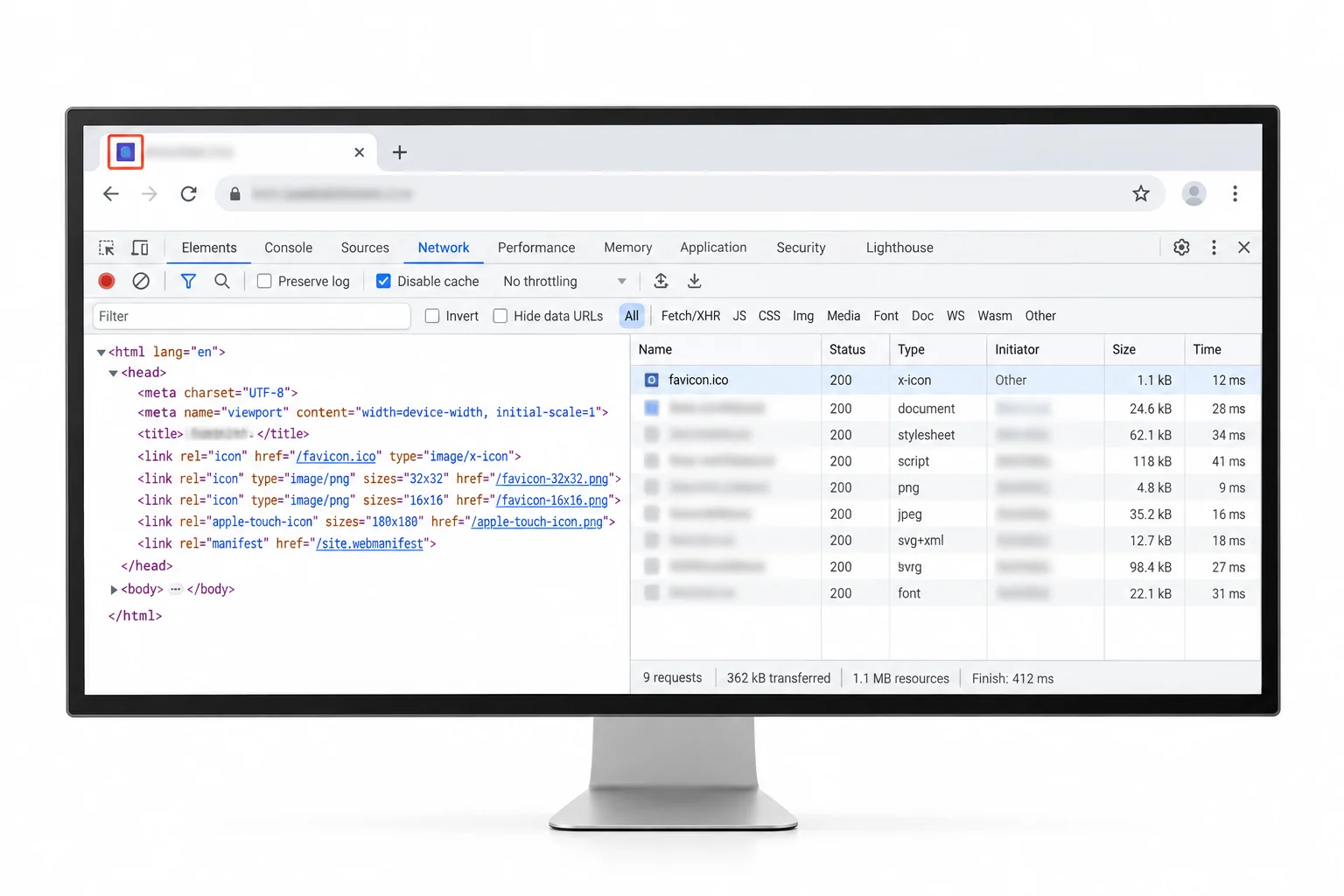 Browser developer tools showing favicon link tags and the requested icon