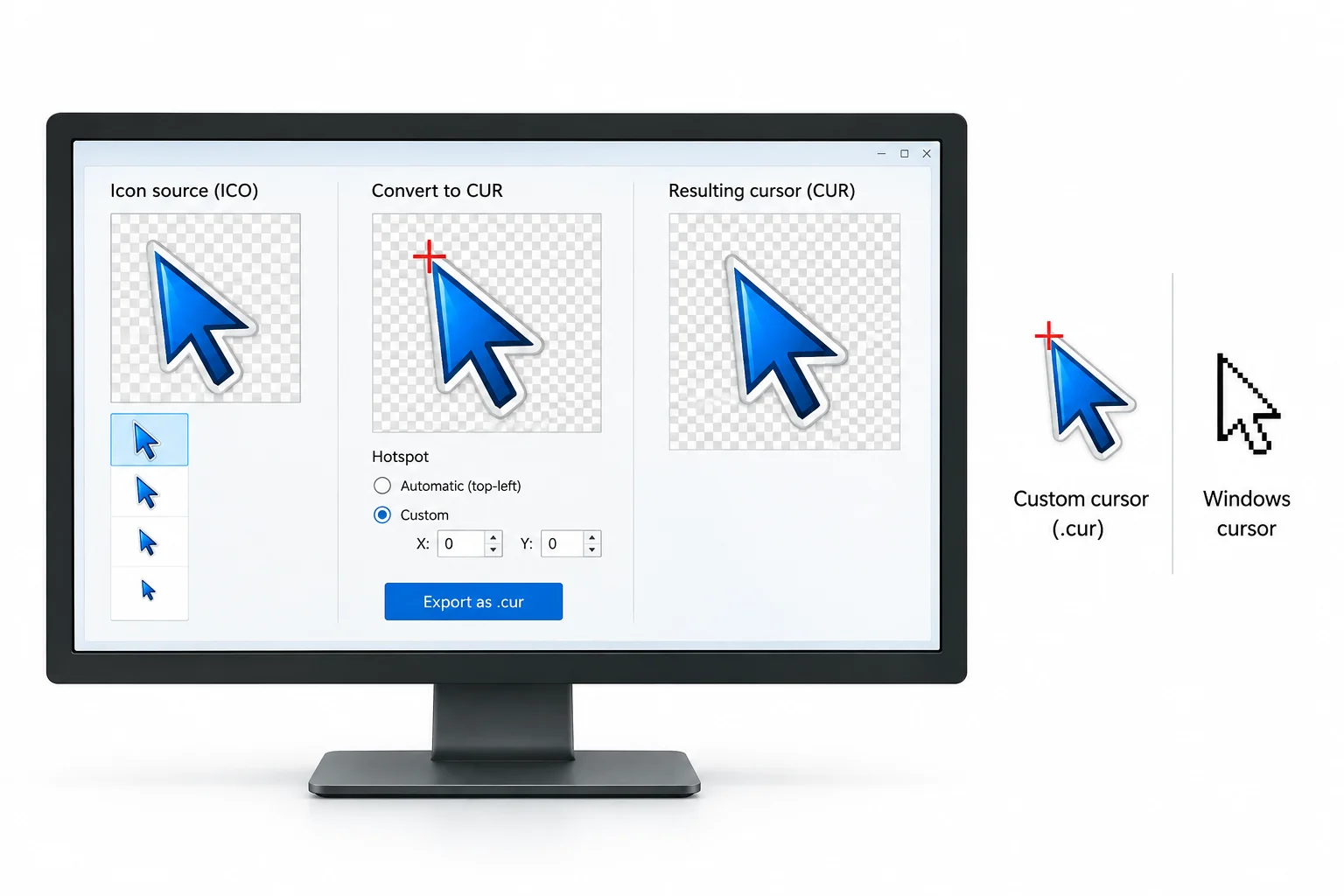 An ICO pointer artwork being converted to a CUR cursor with its hotspot marked