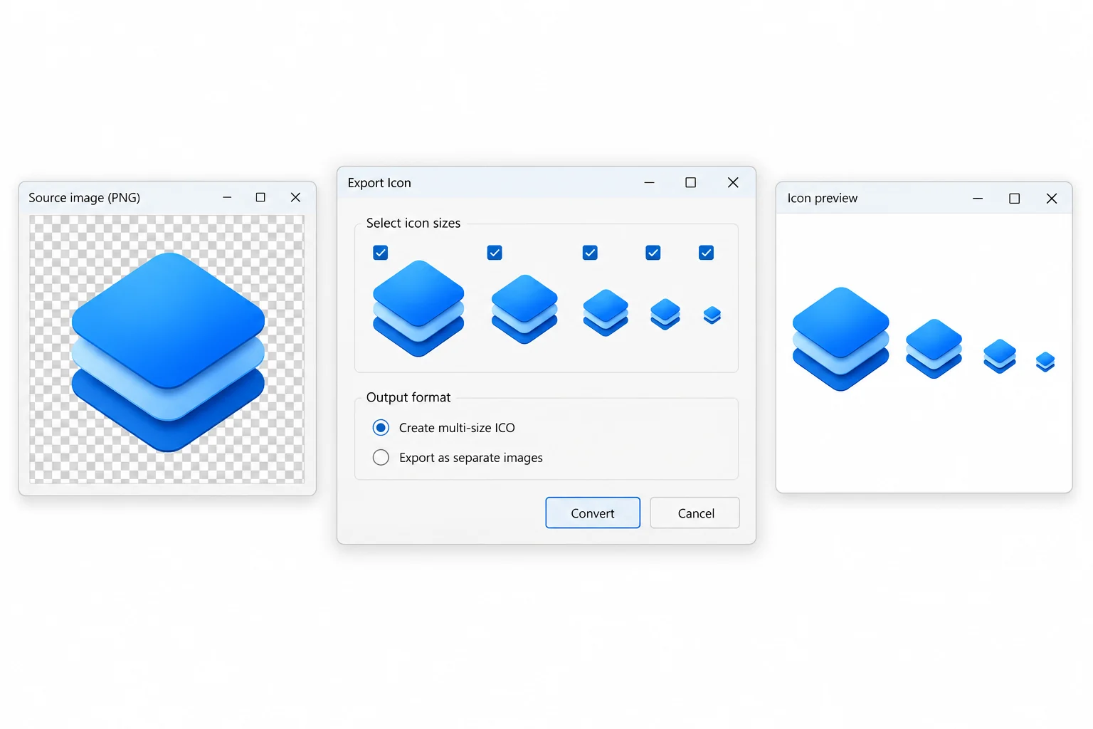 A transparent PNG selected for export as a multi-size Windows ICO