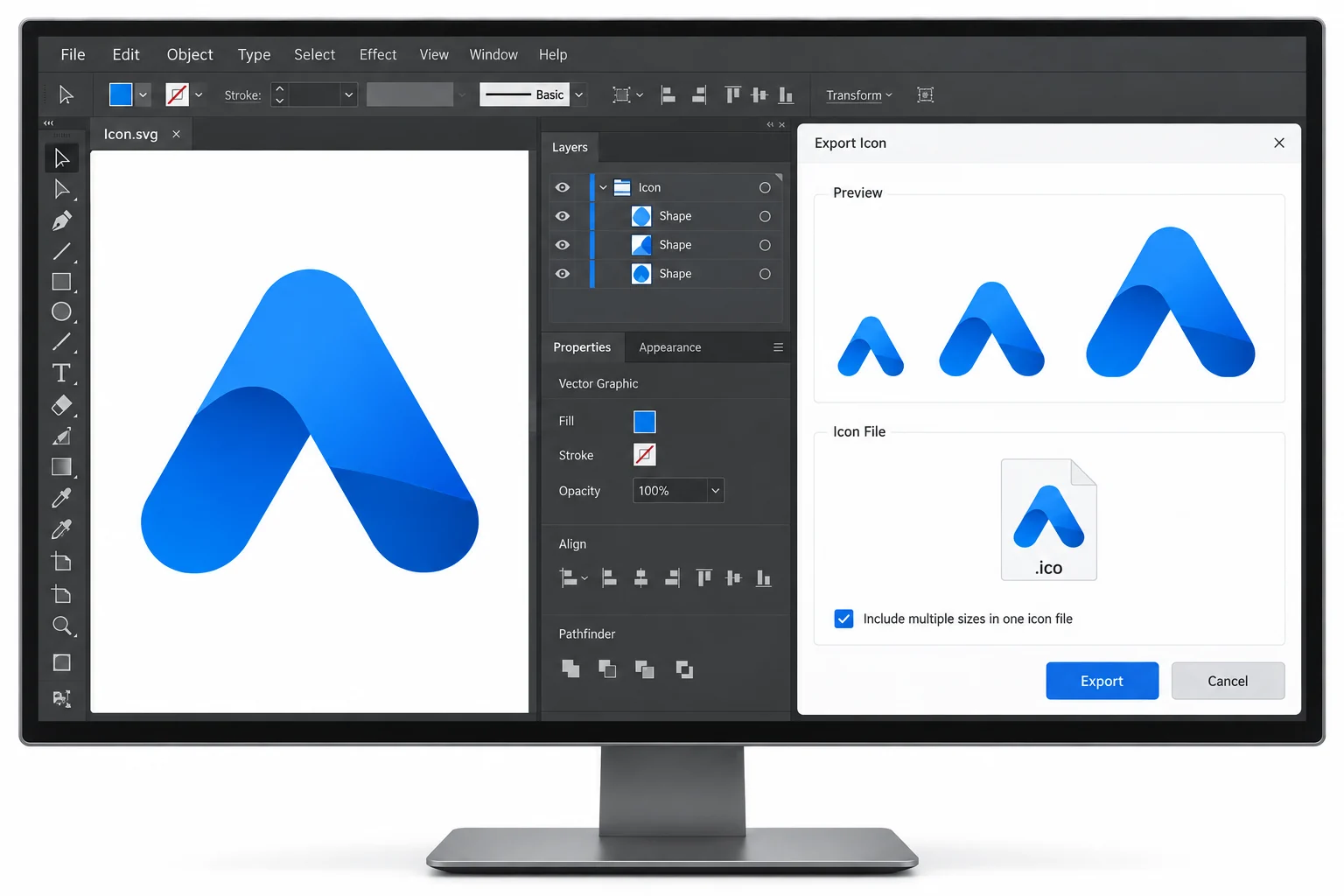 A vector icon rendered at multiple scales and exported as an ICO file