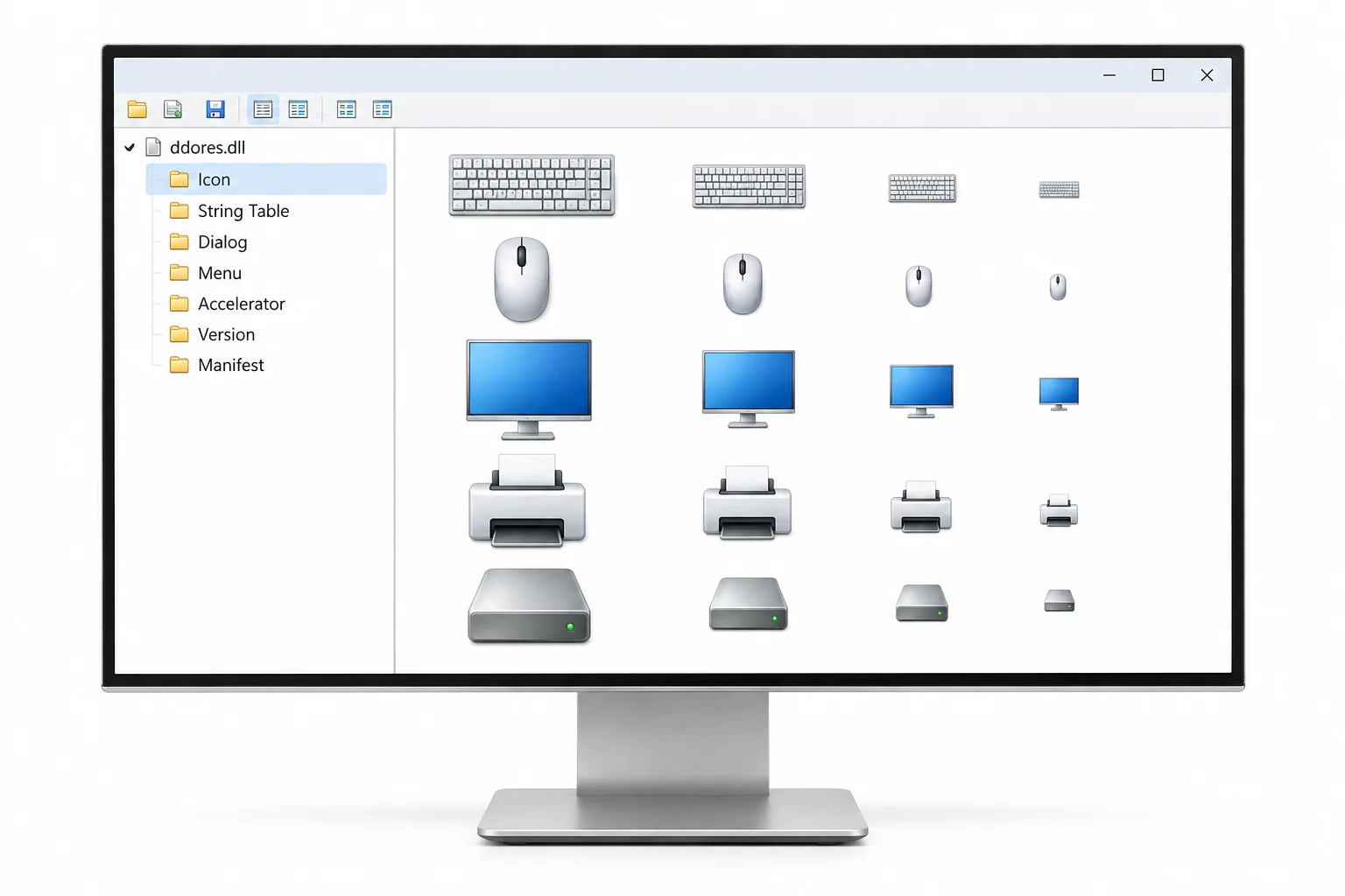 Device icons such as keyboards, monitors and drives displayed from ddores.dll