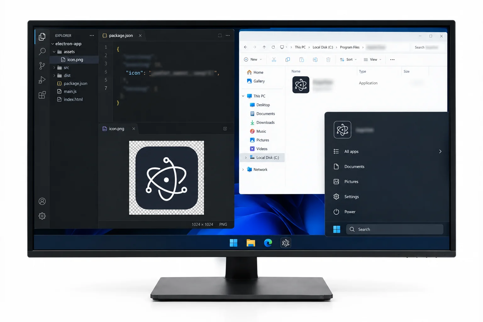 An Electron app icon configured in the project and visible in Windows