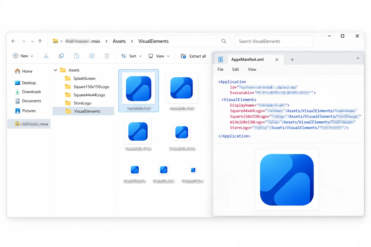An MSIX package's VisualElements assets beside the package manifest