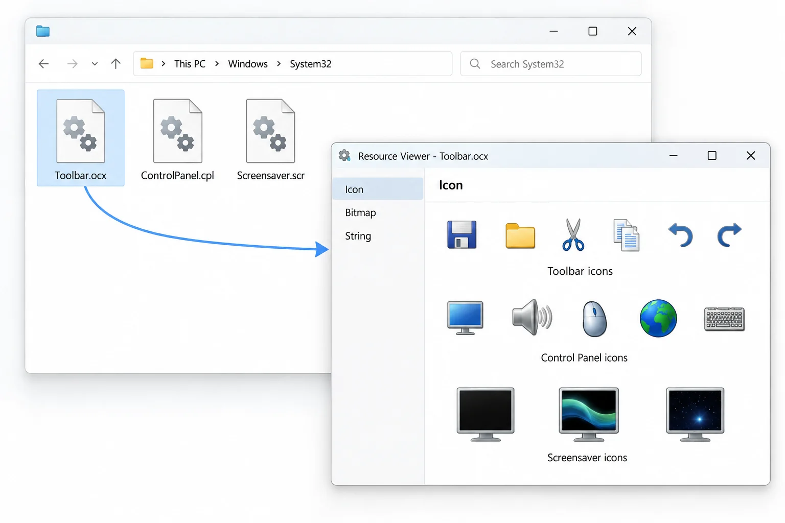 A resource viewer listing icons embedded in OCX, CPL and SCR files
