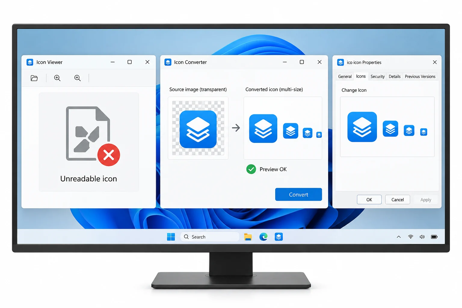 A broken ICO preview beside a clean multi-size icon preview