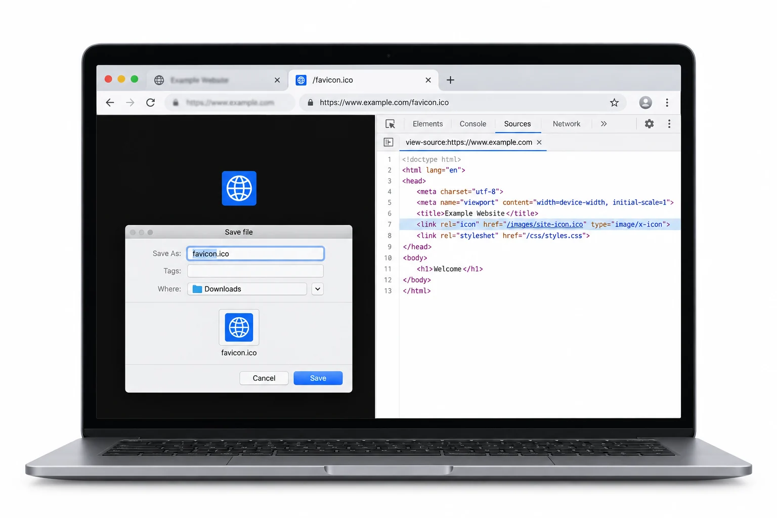 A website favicon opened directly in a browser with its page source beside it