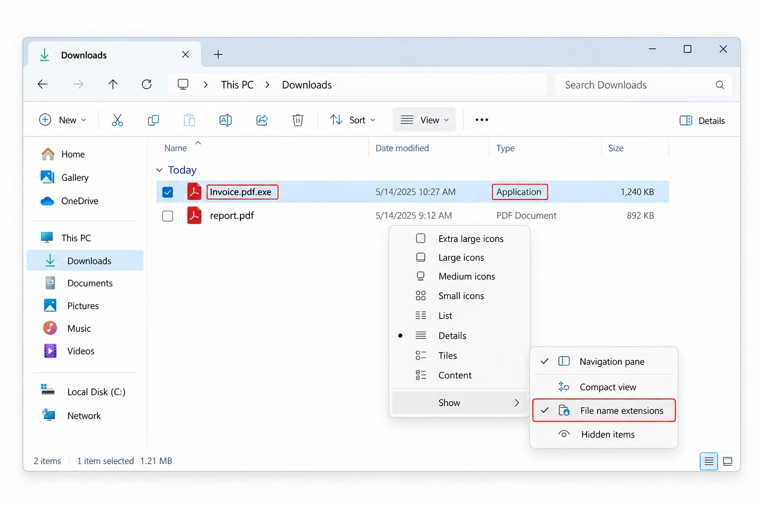 The full filename and Type column can expose an executable disguised as a document.