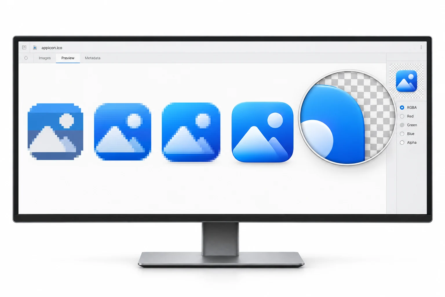An icon preview comparing pixelated edges with smooth color and transparent edges