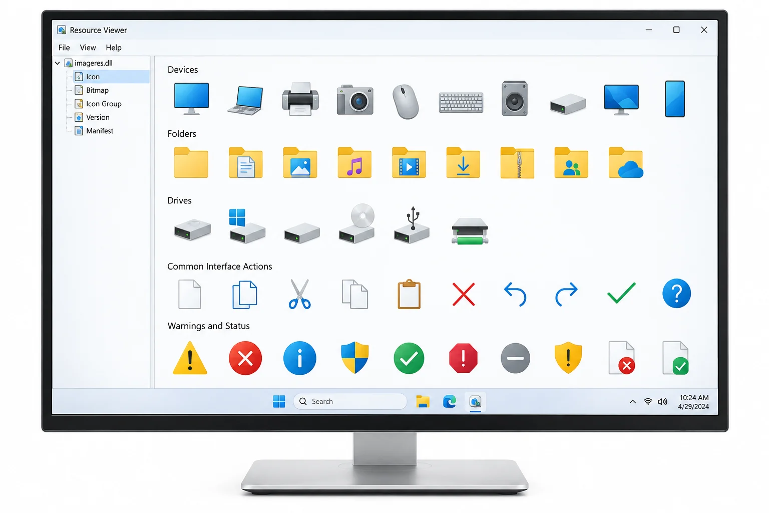 Windows resource viewer groups from imageres.dll including devices, folders and status icons