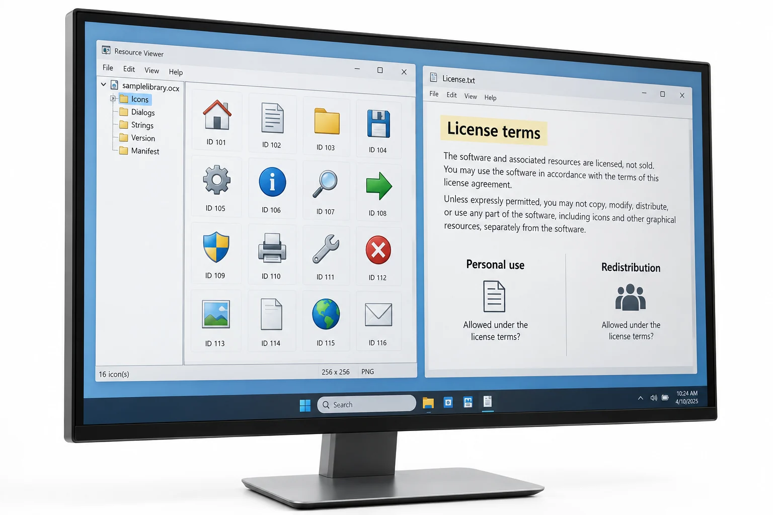 Extracted software icons shown beside a license terms document
