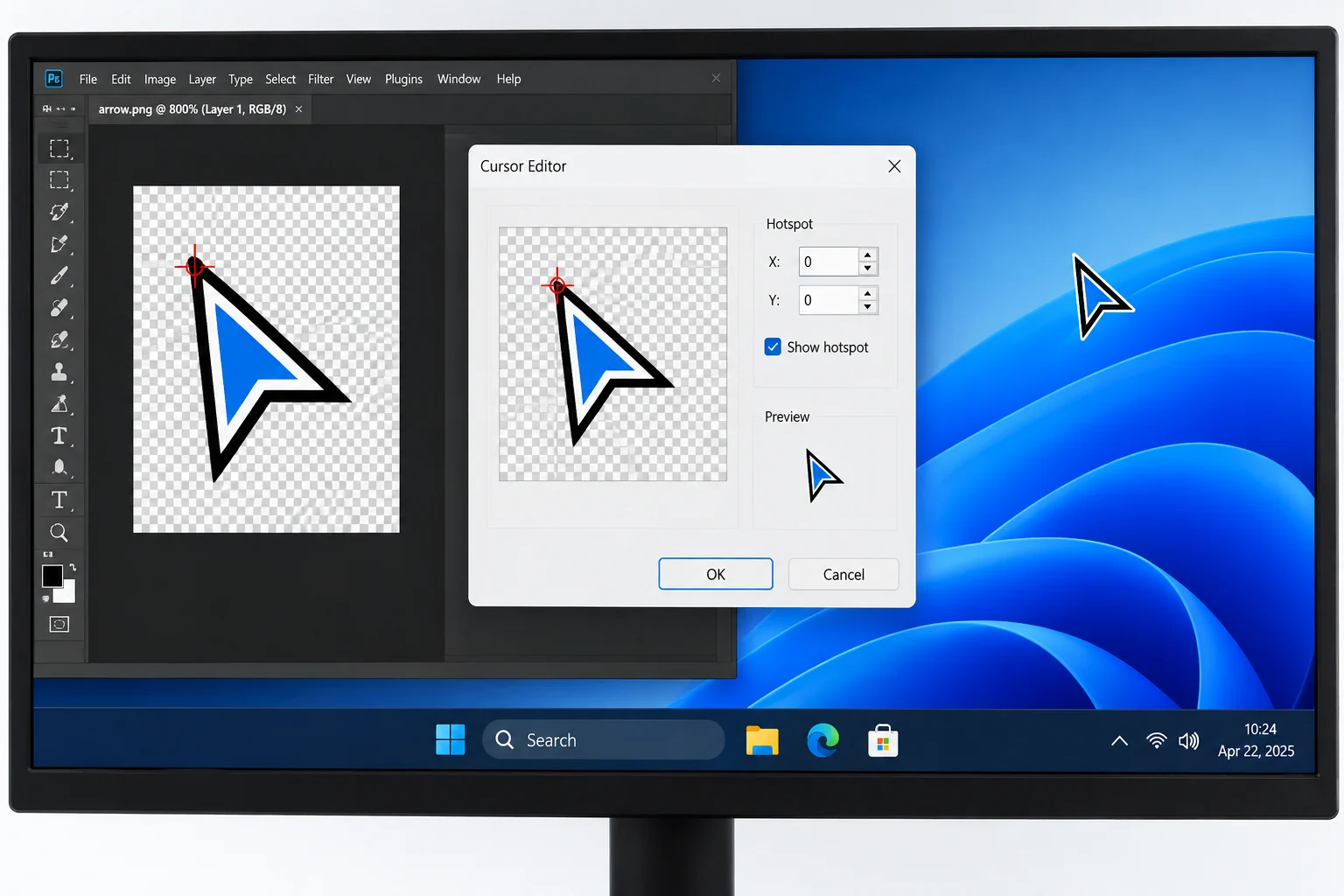 A custom pointer image with its click hotspot set at the arrow tip